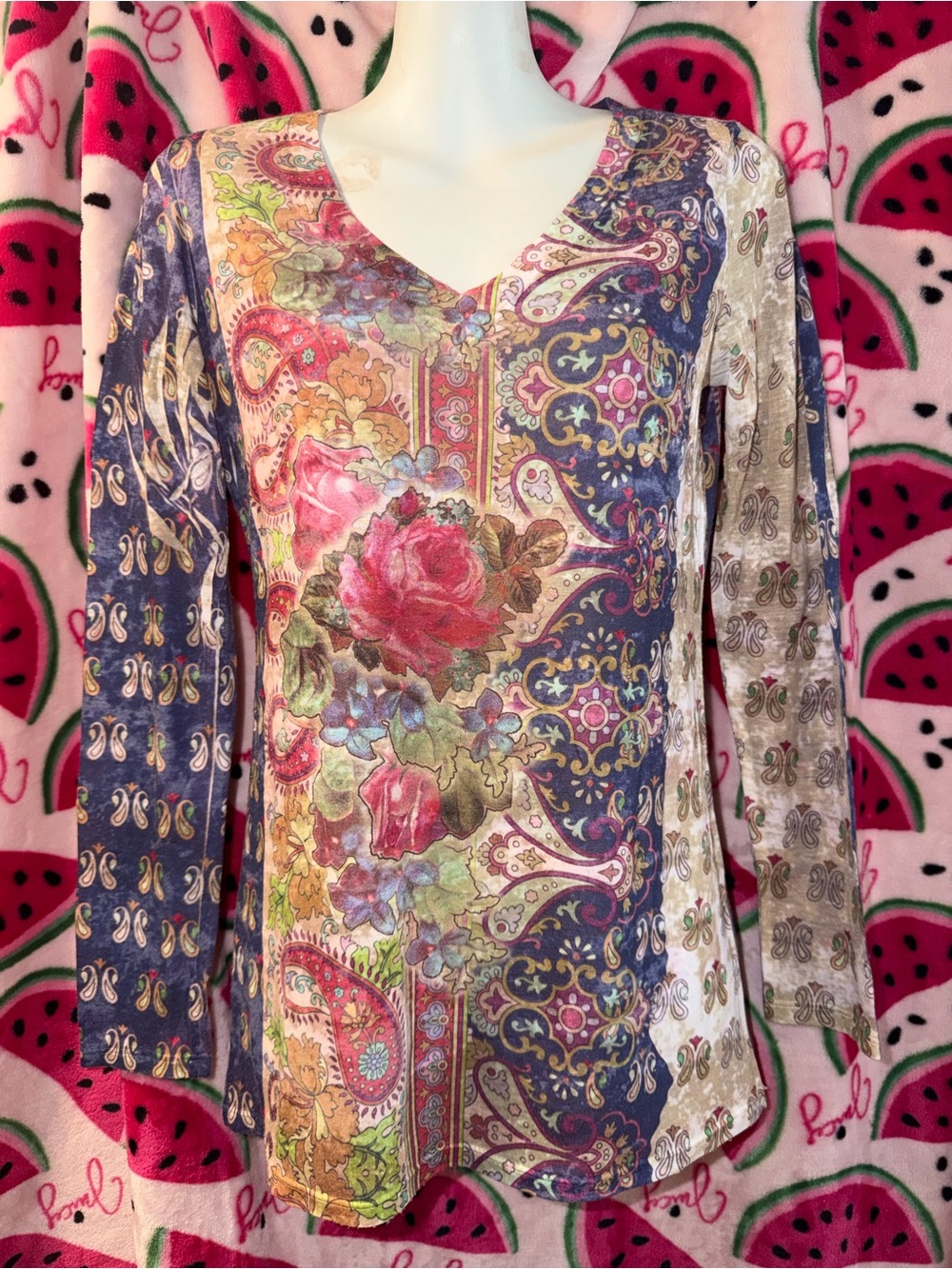 💙 Y2K Printed Floral V-Neck Long Sleeve Tee